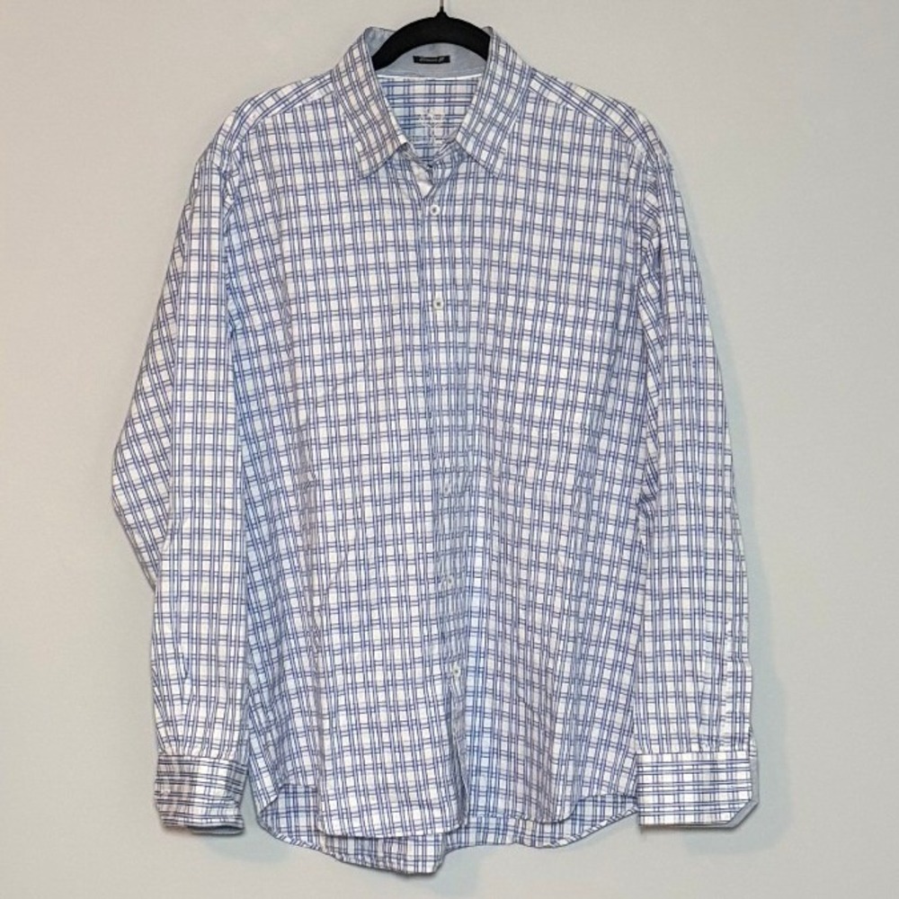 Bugatchi Uomo Mens Classic Fit Stair Step Geometric Shirt Blue White 100% Cotton